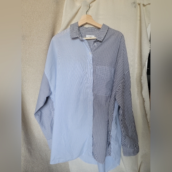 Topshop Oversize Mixed Stripe Button-Up Shirt in Medium Blue - Picture 1 of 5